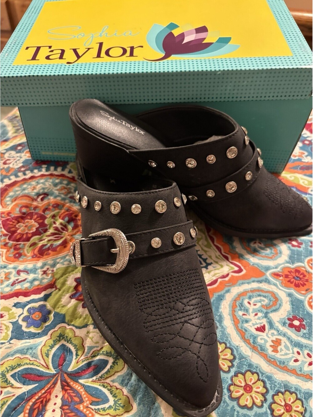 Women’s Blk Pointed Toe Rhinestone Mule Heels sz 7.5 Western Cowgirl Dancing New